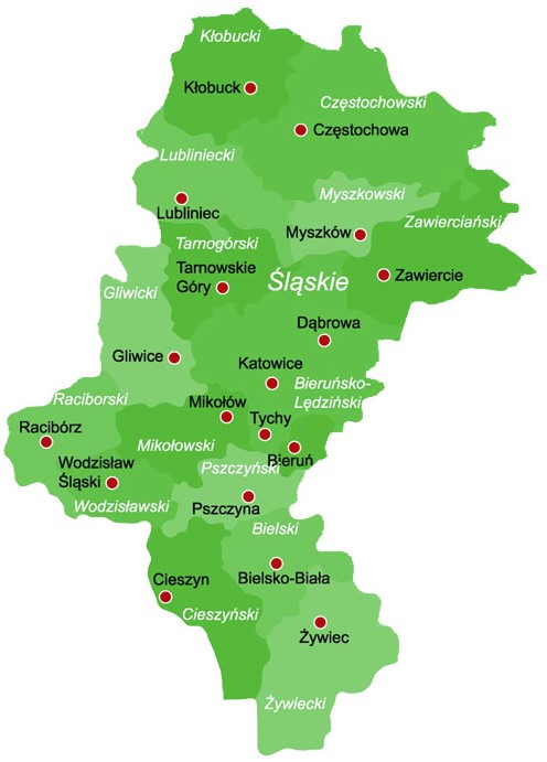 Mapa województwa śląskiego z miastami, w których pracuje DomMalowanie.pl